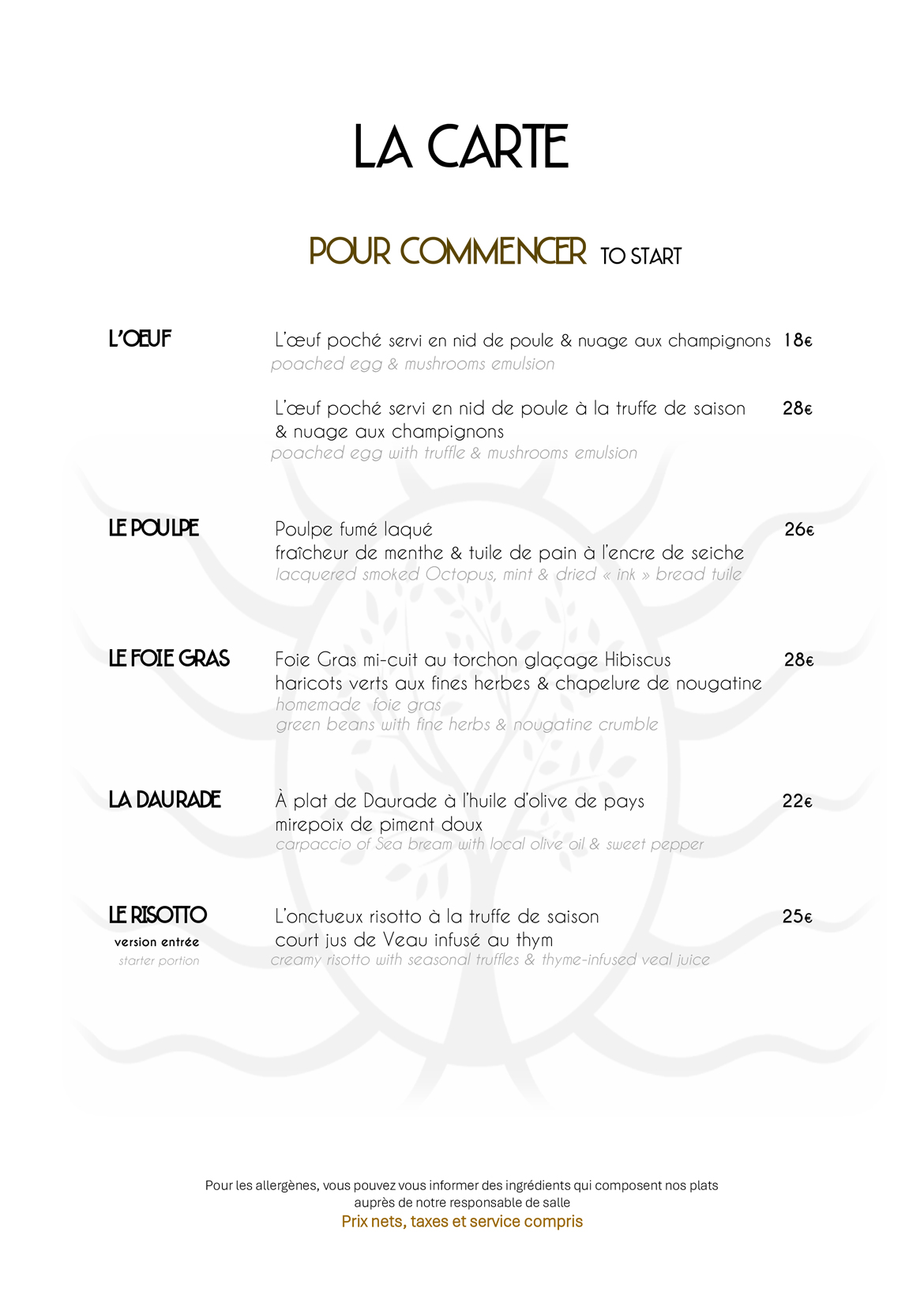 Menu Le Vol à Voile